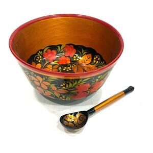 Khokhloma old Russian Tableware Wooden Bowl & Spoon Set Vintage